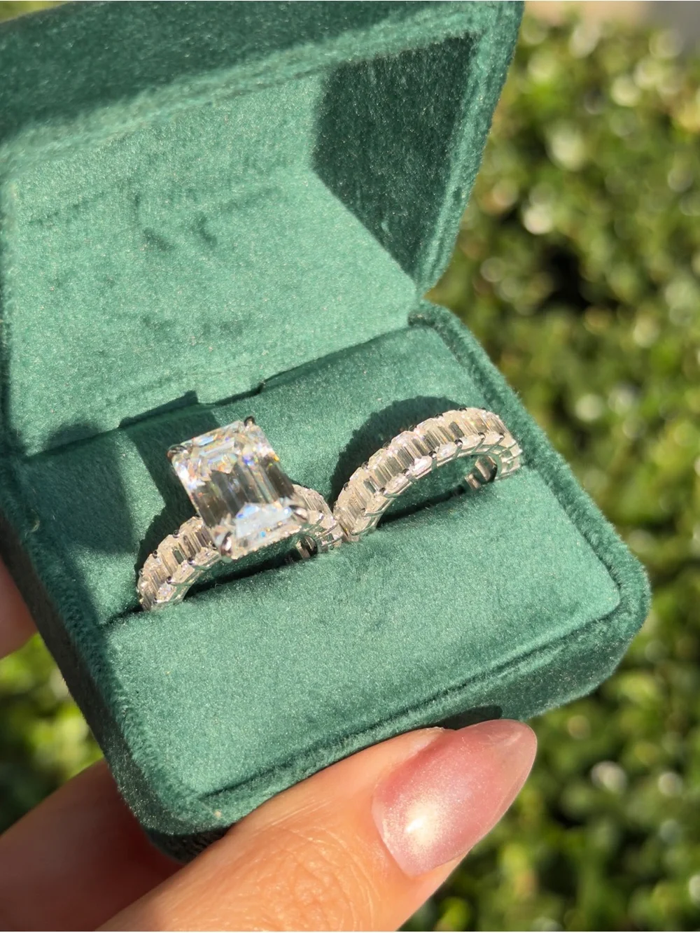 30cttw big emerald cut vvs1 color D Moissanite eternity wedding set